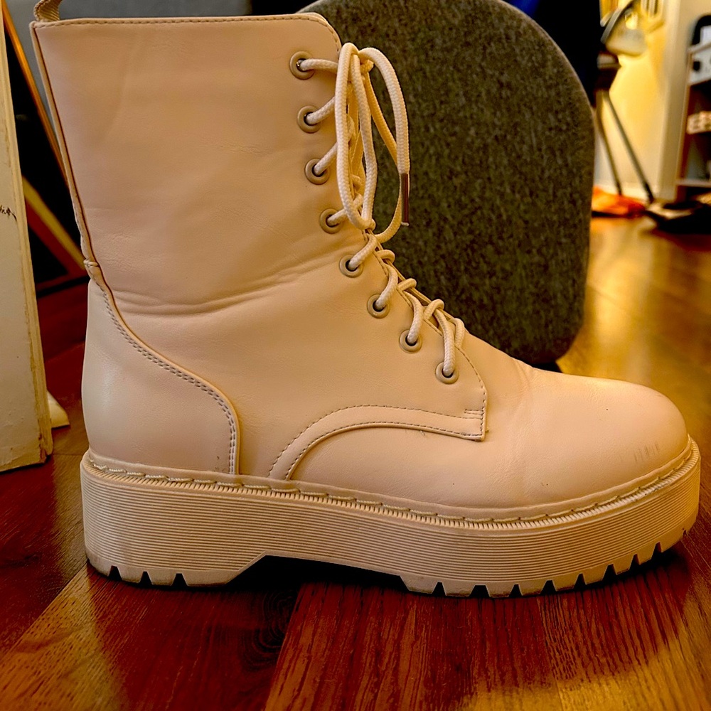 Cream Lace-Up Combat Boots